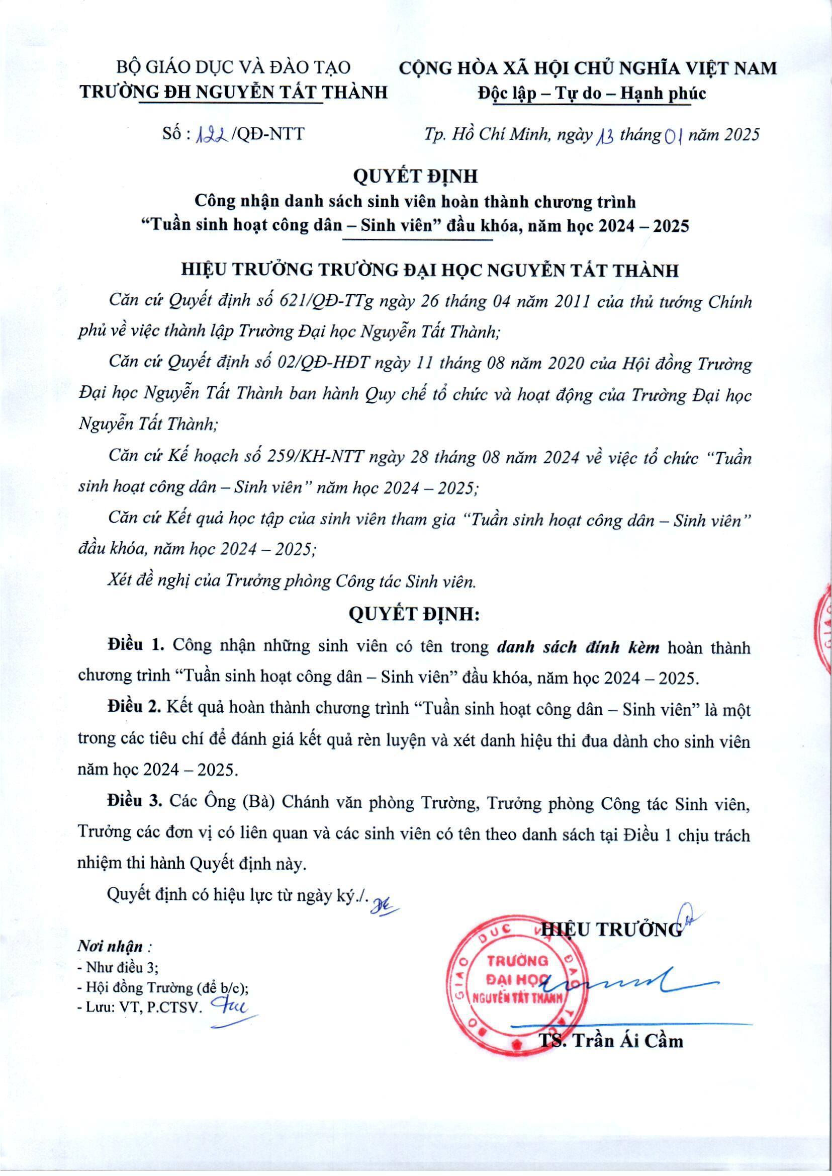 Quyết định công nhận sinh viên hoàn thành chương trình Tuần sinh hoạt công dân - Sinh viên đầu khóa, năm học 2024-2025