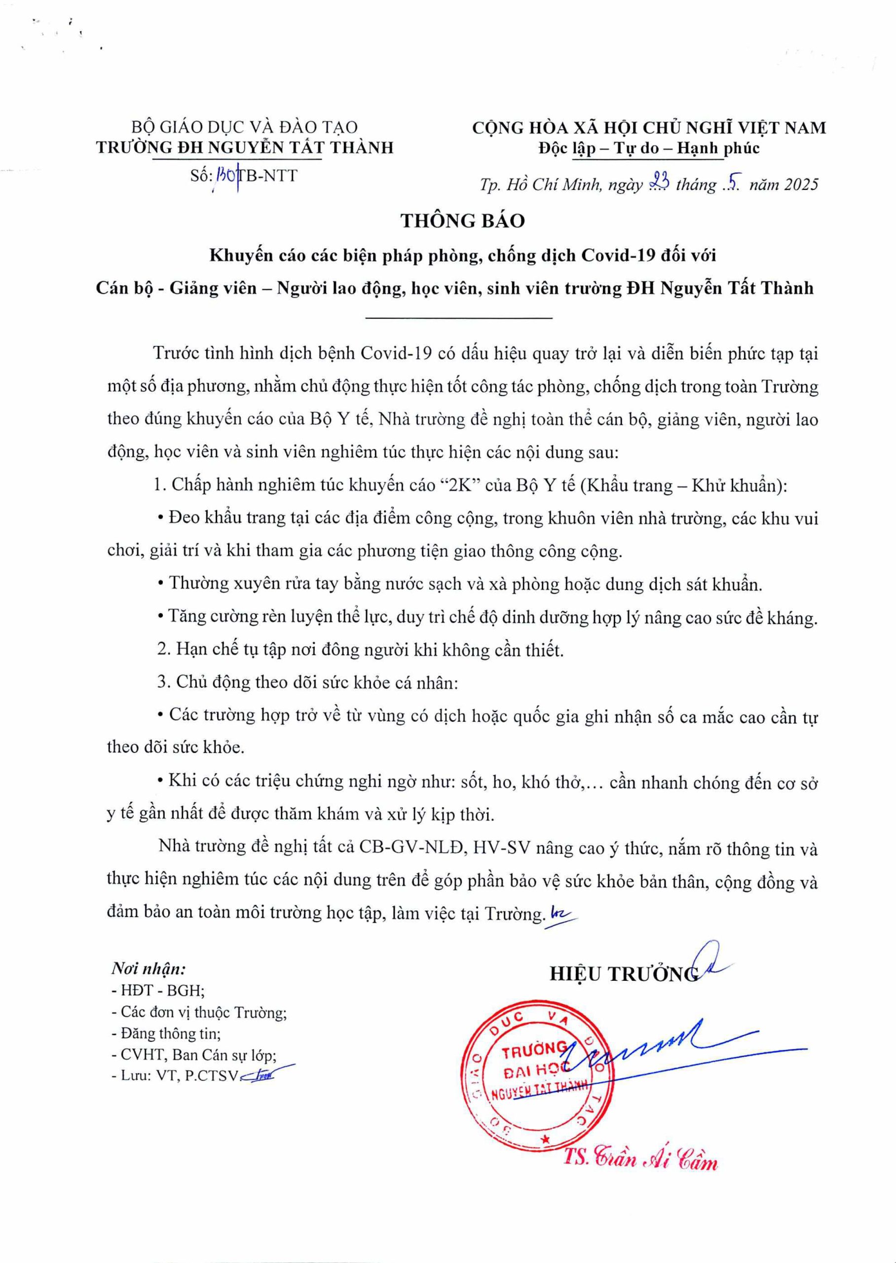 Thông báo Khuyến cáo các biện pháp phòng, chống dịch Covid-19 đối với Cán bộ - Giảng viên - Người lao động, học viên, sinh viên Trường ĐH Nguyễn Tất Thành