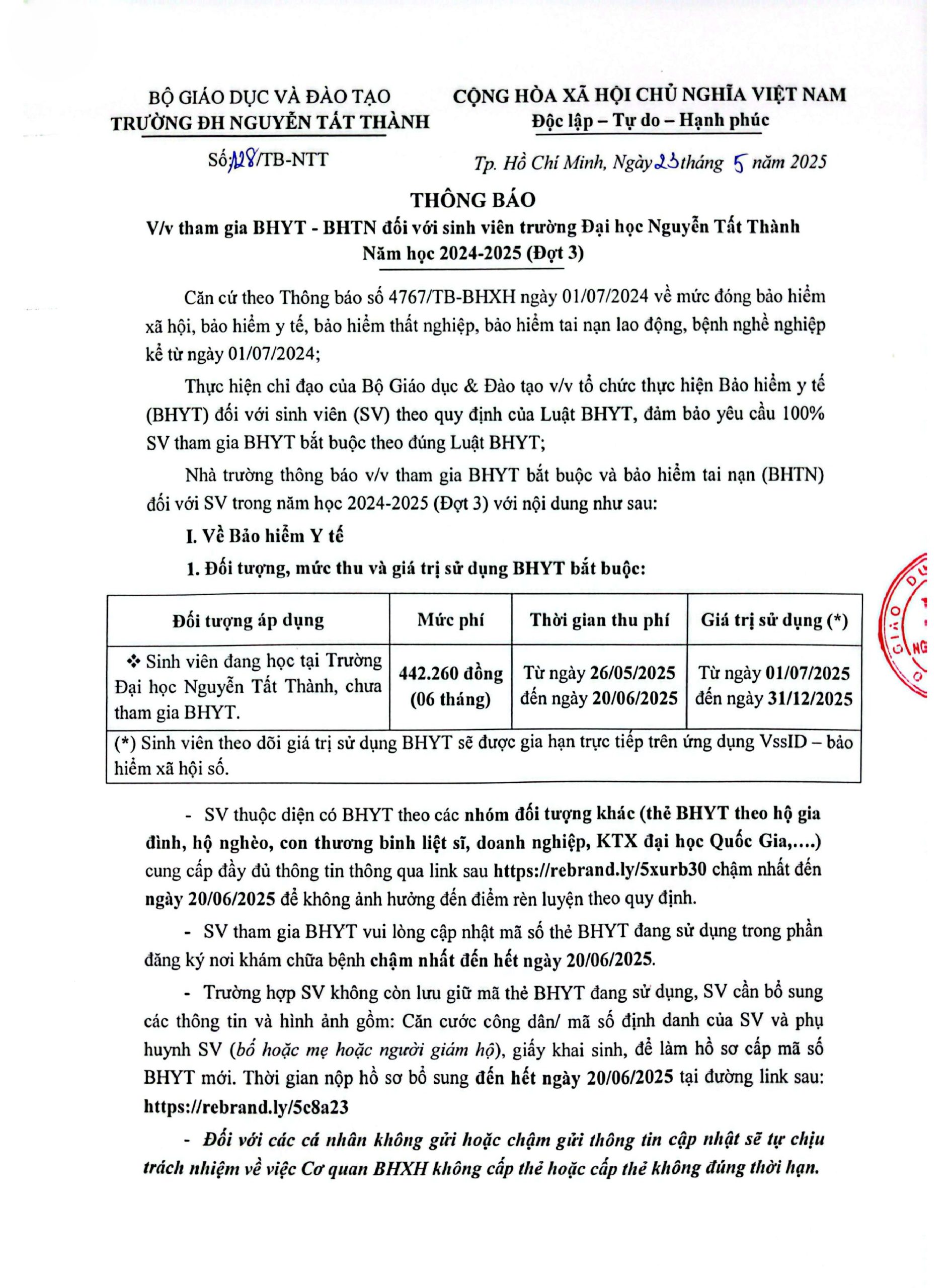 Thông báo V/v tham gia BHYT - BHTN đối với sinh viên trường Đại học Nguyễn Tất Thành Năm học 2024-2025 (Đợt 3)