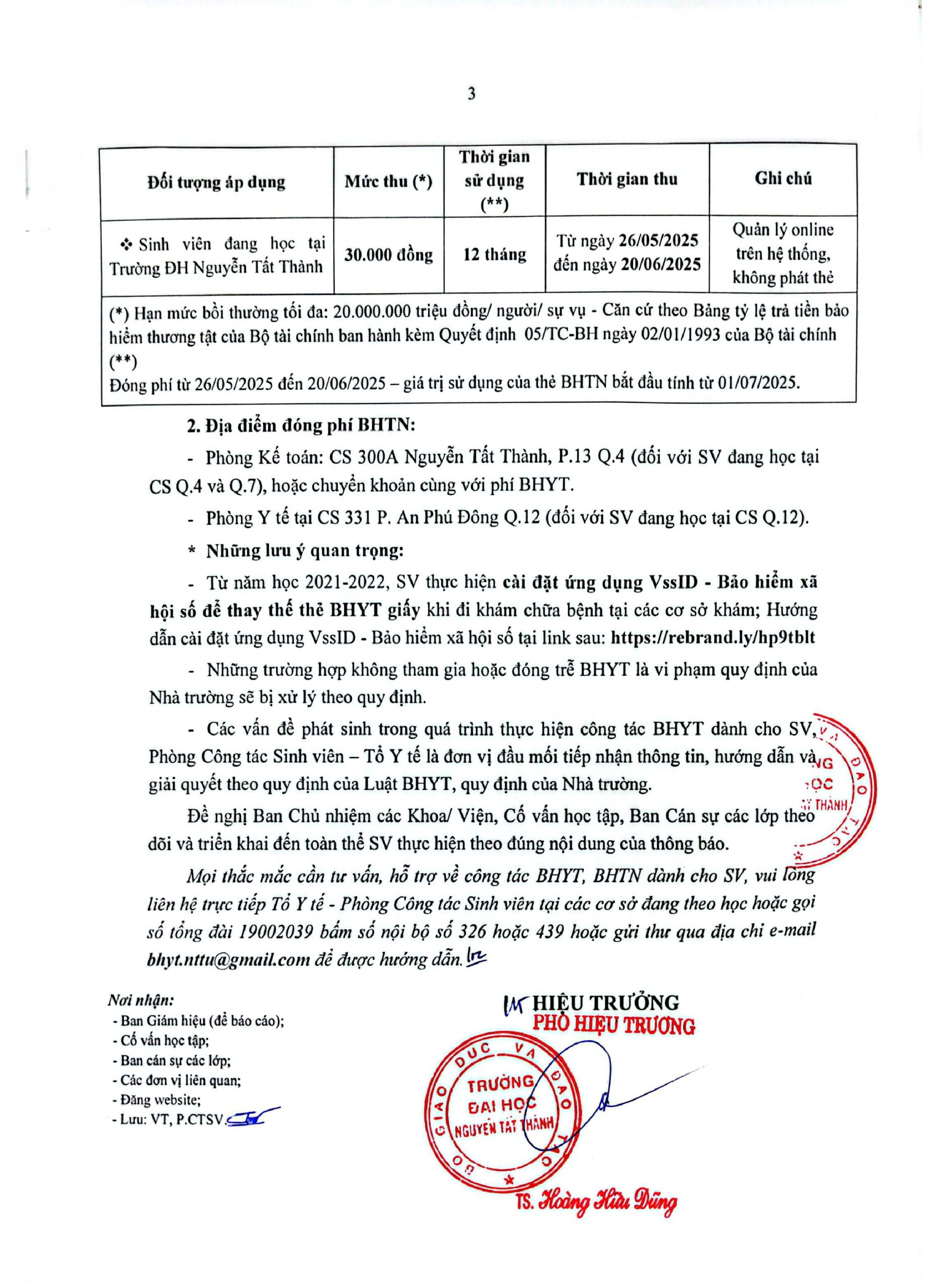 Thông báo V/v tham gia BHYT - BHTN đối với sinh viên trường Đại học Nguyễn Tất Thành Năm học 2024-2025 (Đợt 3)