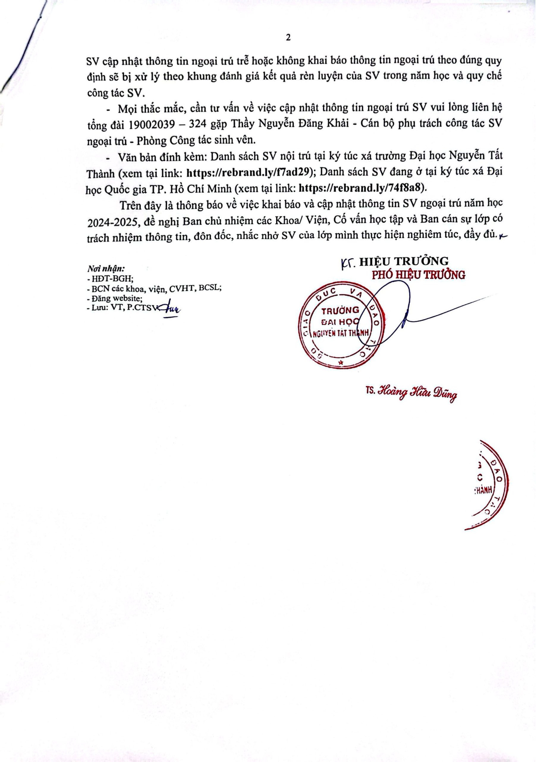 TB về việc khai báo và cập nhật thông tin SV ngoại trú năm học 2024-2025