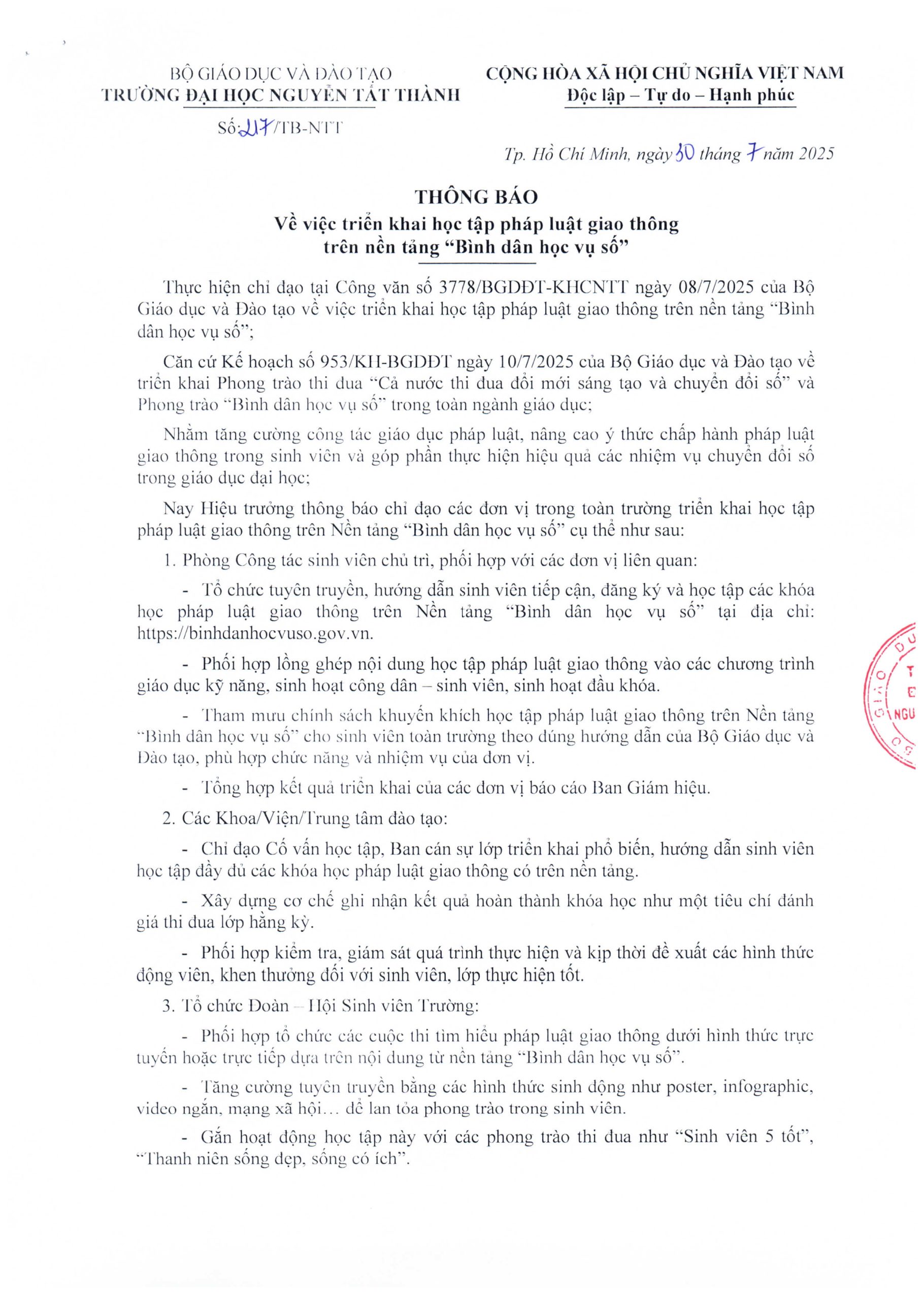 Thông báo - Về việc triển khai học tập pháp luật giao thông trên nền tảng “Bình dân học vụ số”