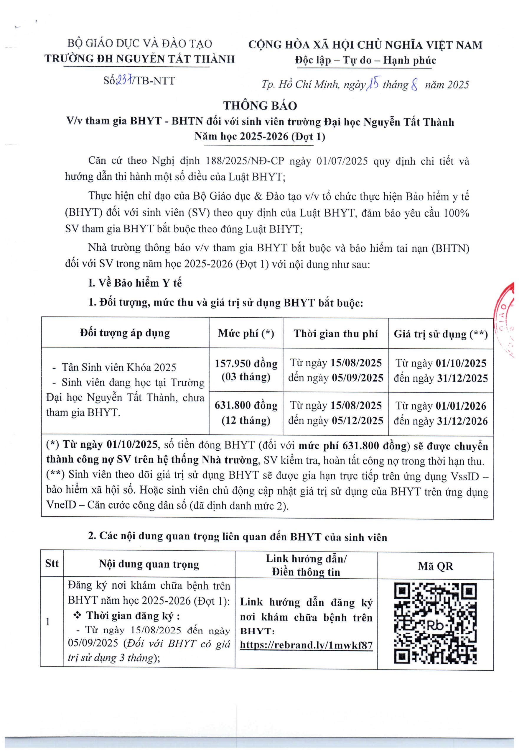 Thông báo về việc tham gia BHYT - BHTN đối với sinh viên trường Đại học Nguyễn Tất Thành Năm học 2025-2026 (Đợt 1)