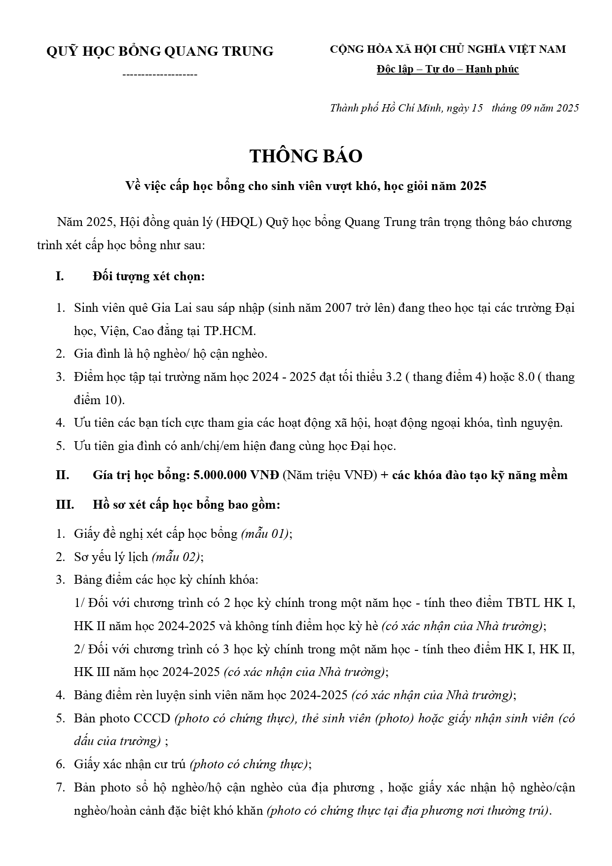 Cấp Học Bổng Cho Sinh Viên Vượt Khó, Học Giỏi Năm 2025