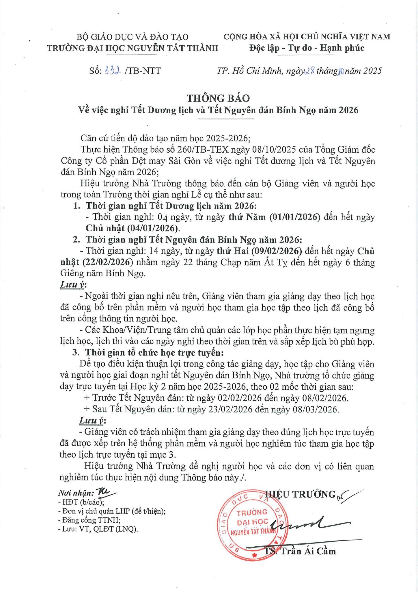 Thông báo nghỉ Tết Dương lịch và Tết Nguyên đán Bính Ngọ 2026
