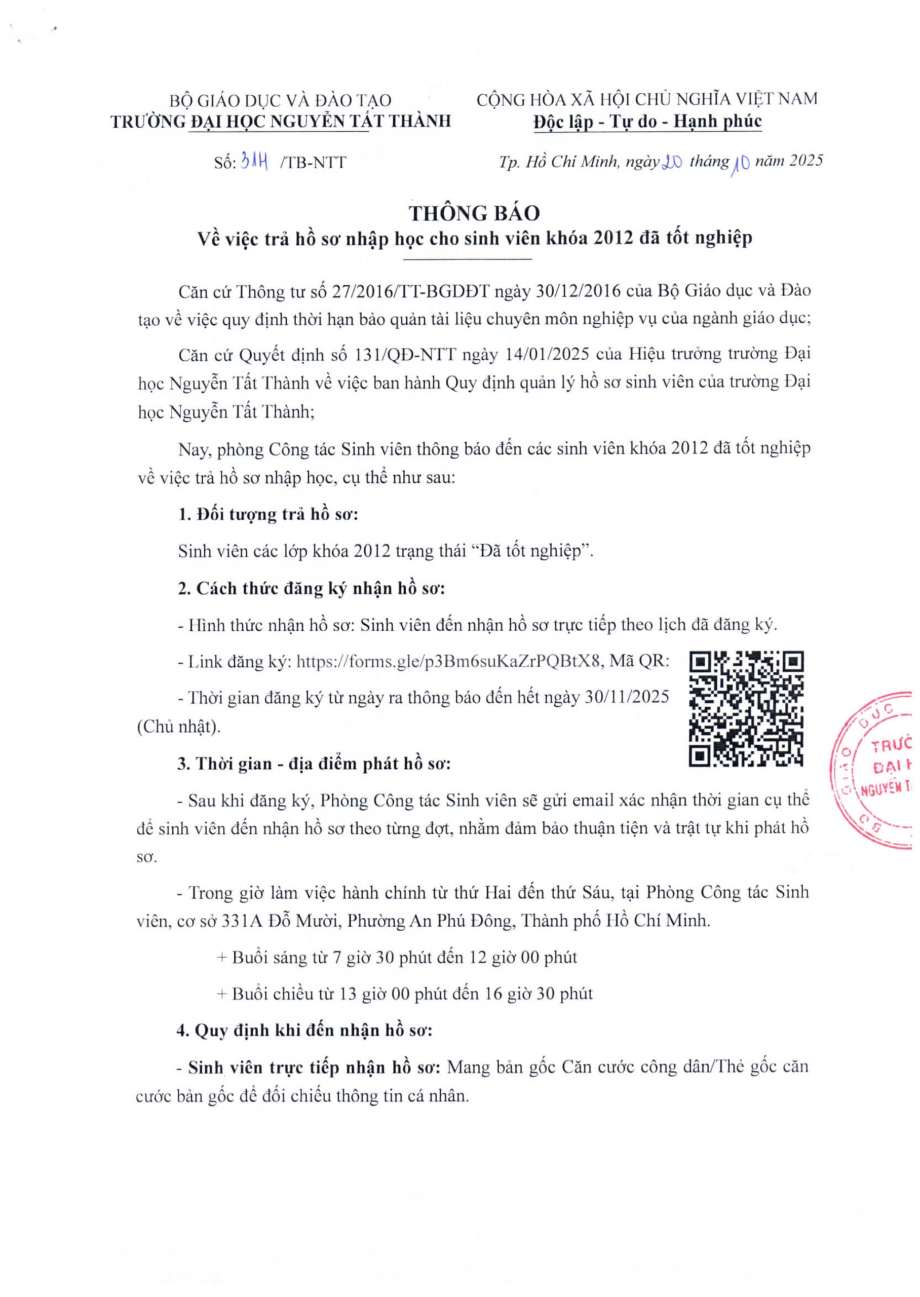 Thông báo V/v trả hồ sơ nhập học cho SV khoá 2012 đã tốt nghiệp