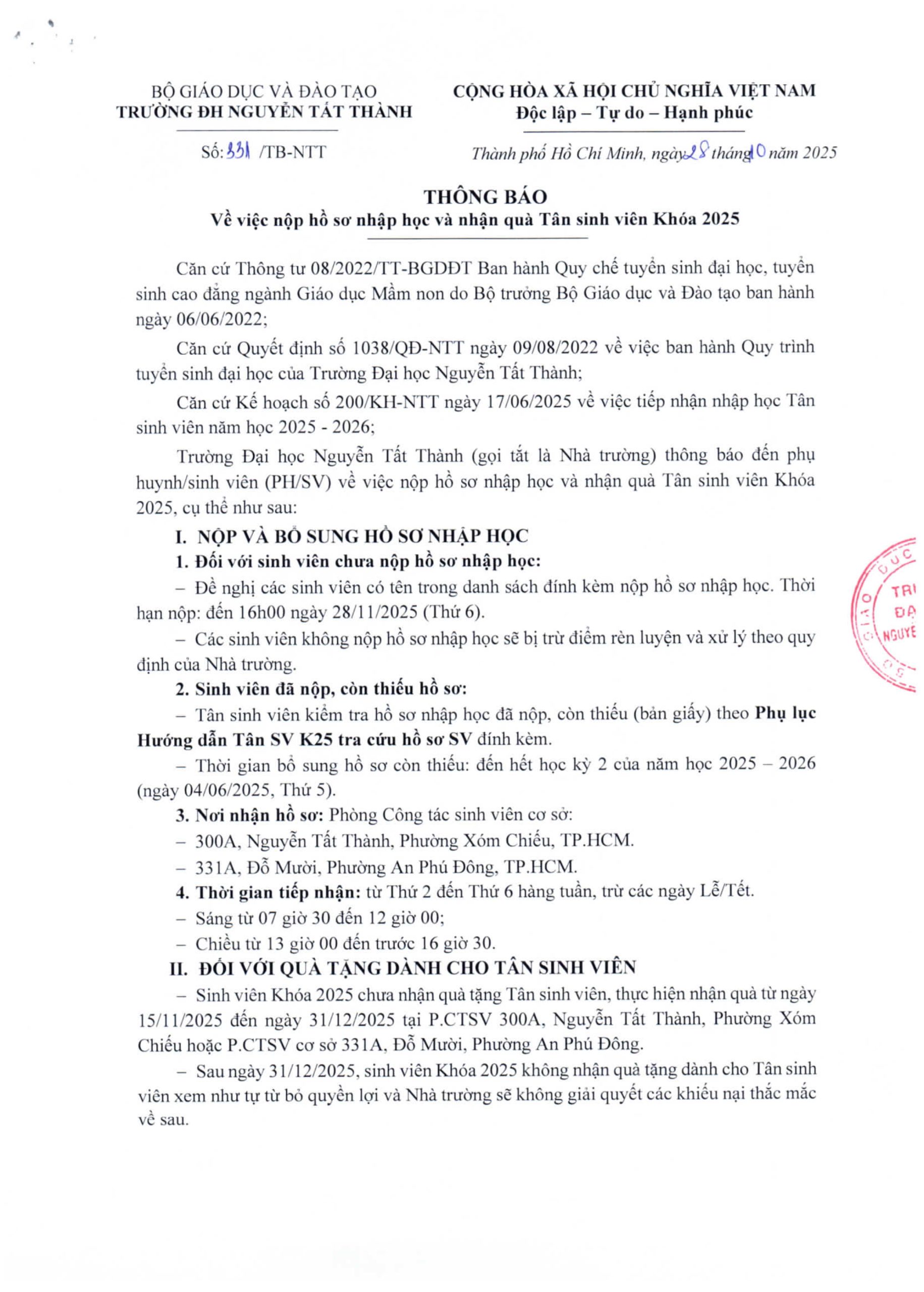 Thông báo Về việc nộp hồ sơ nhập học và nhận quà Tân sinh viên Khóa 2025 - TSV K25