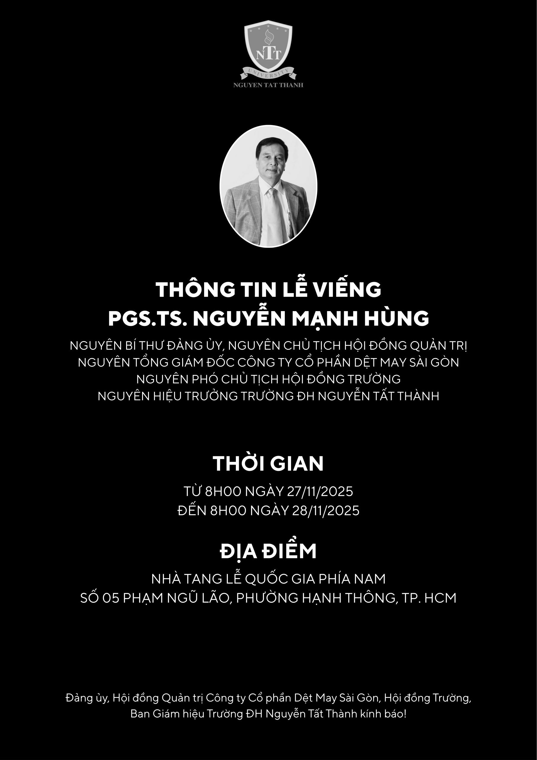 Thông tin Lễ viếng Phó giáo sư, Tiến sĩ Nguyễn Mạnh Hùng