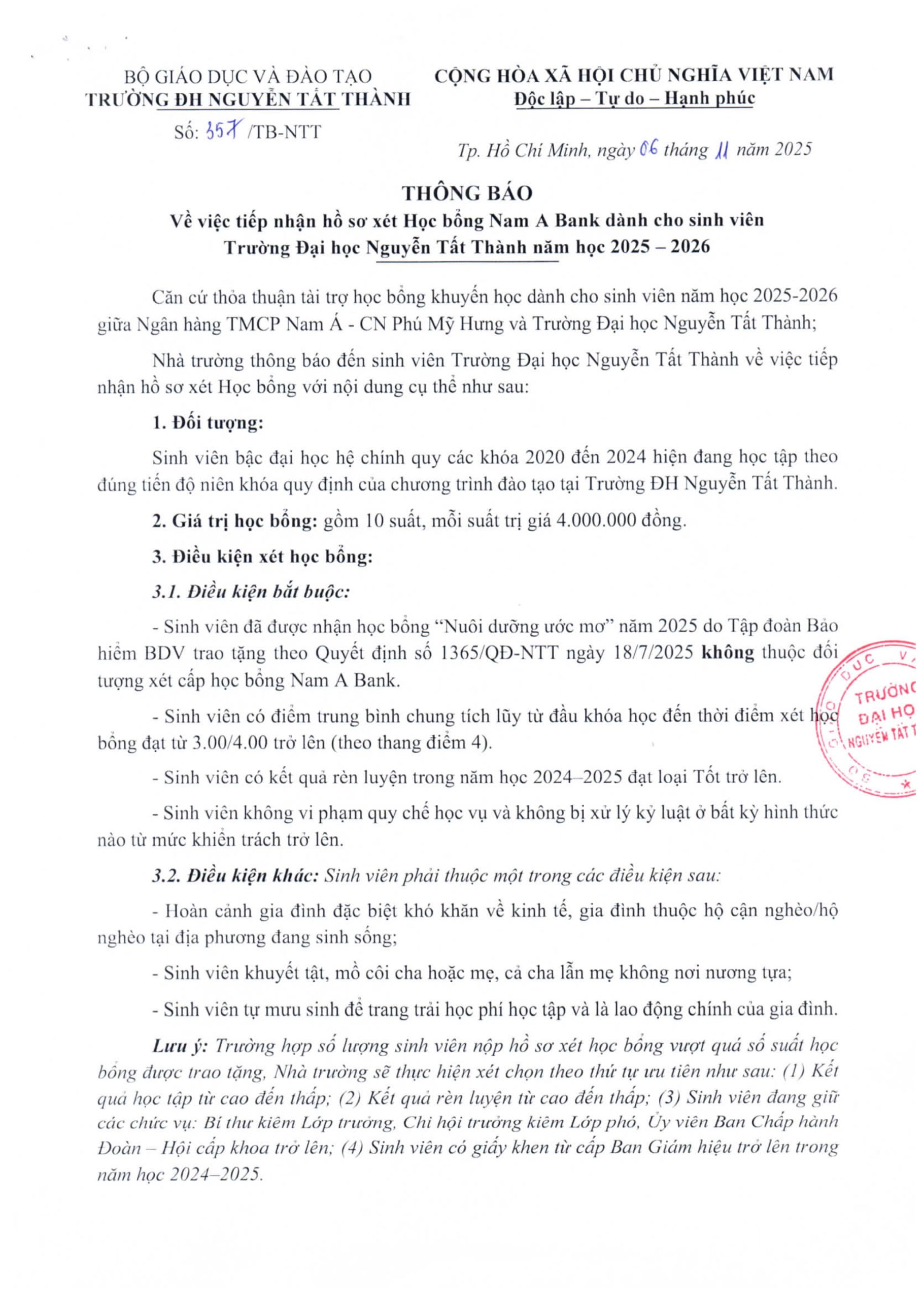 THÔNG BÁO - Về việc tiếp nhận hồ sơ xét Học bổng Nam A Bank dành cho sinh viên Trường Đại học Nguyễn Tất Thành năm học 2025 – 2026