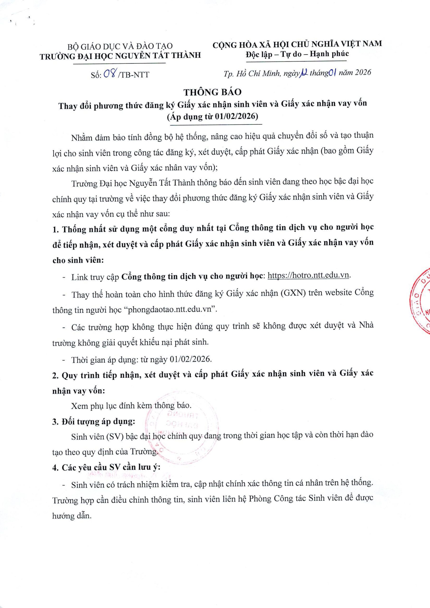 Thông báo về việc Thay đổi phương thức đăng ký Giấy xác nhận sinh viên và Giấy xác nhận vay vốn (Áp dụng từ 01/02/2026)