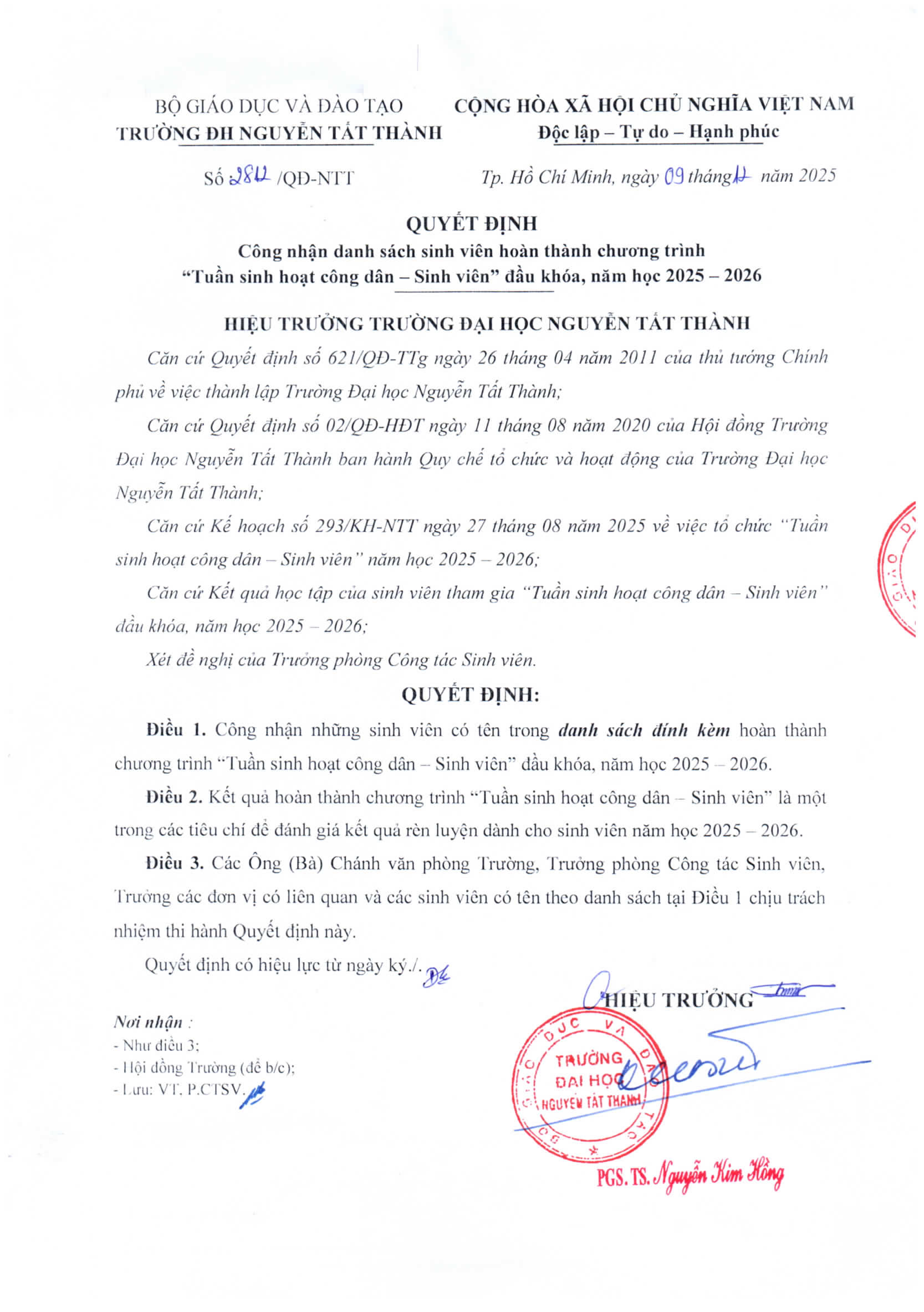 Thông báo danh sách sinh viên hoàn thành chương trình Tuần sinh hoạt công dân - Sinh viên đầu khóa, năm học 2025-2026