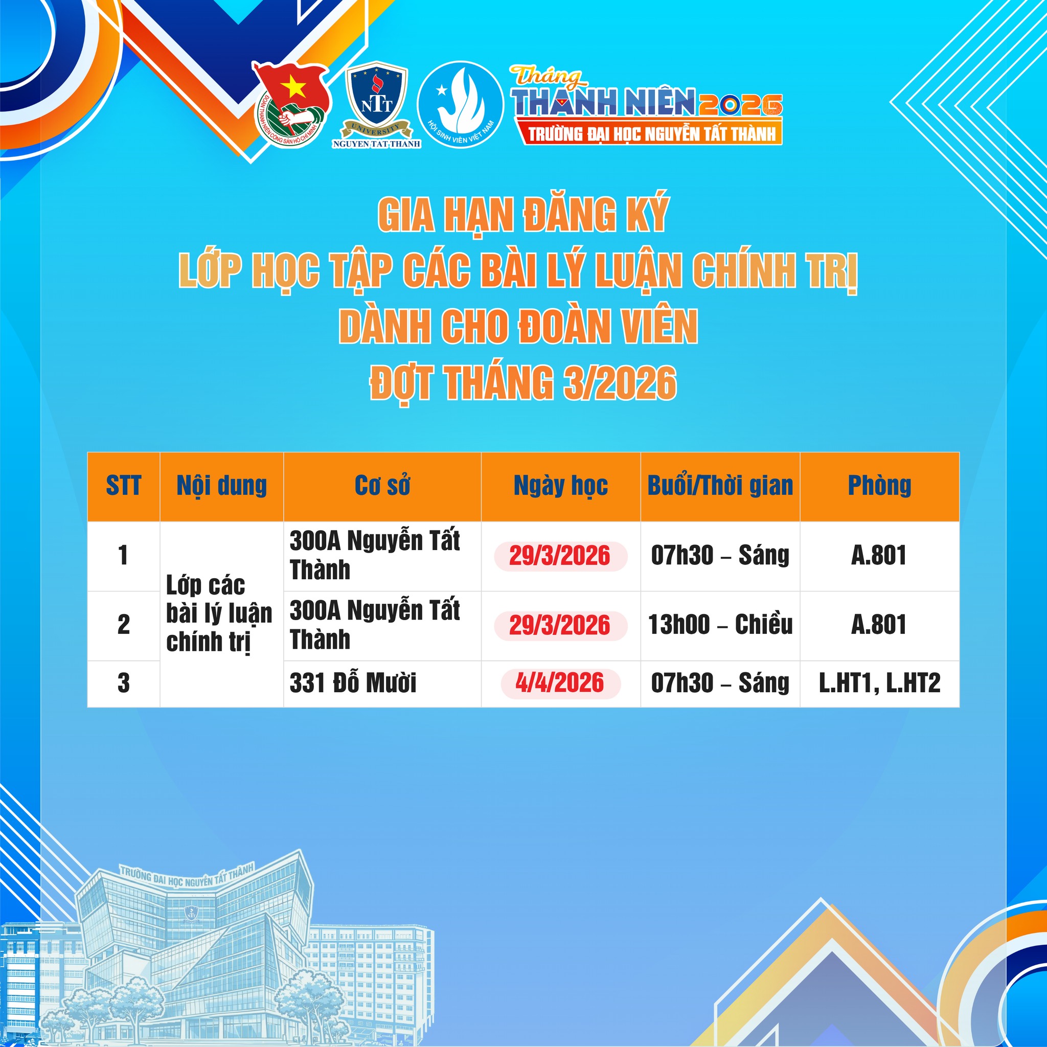 GIA HẠN  ĐĂNG KÝ LỚP CÁC BÀI LÝ LUẬN CHÍNH TRỊ DÀNH CHO ĐOÀN VIÊN - ĐỢT THÁNG 3/2026