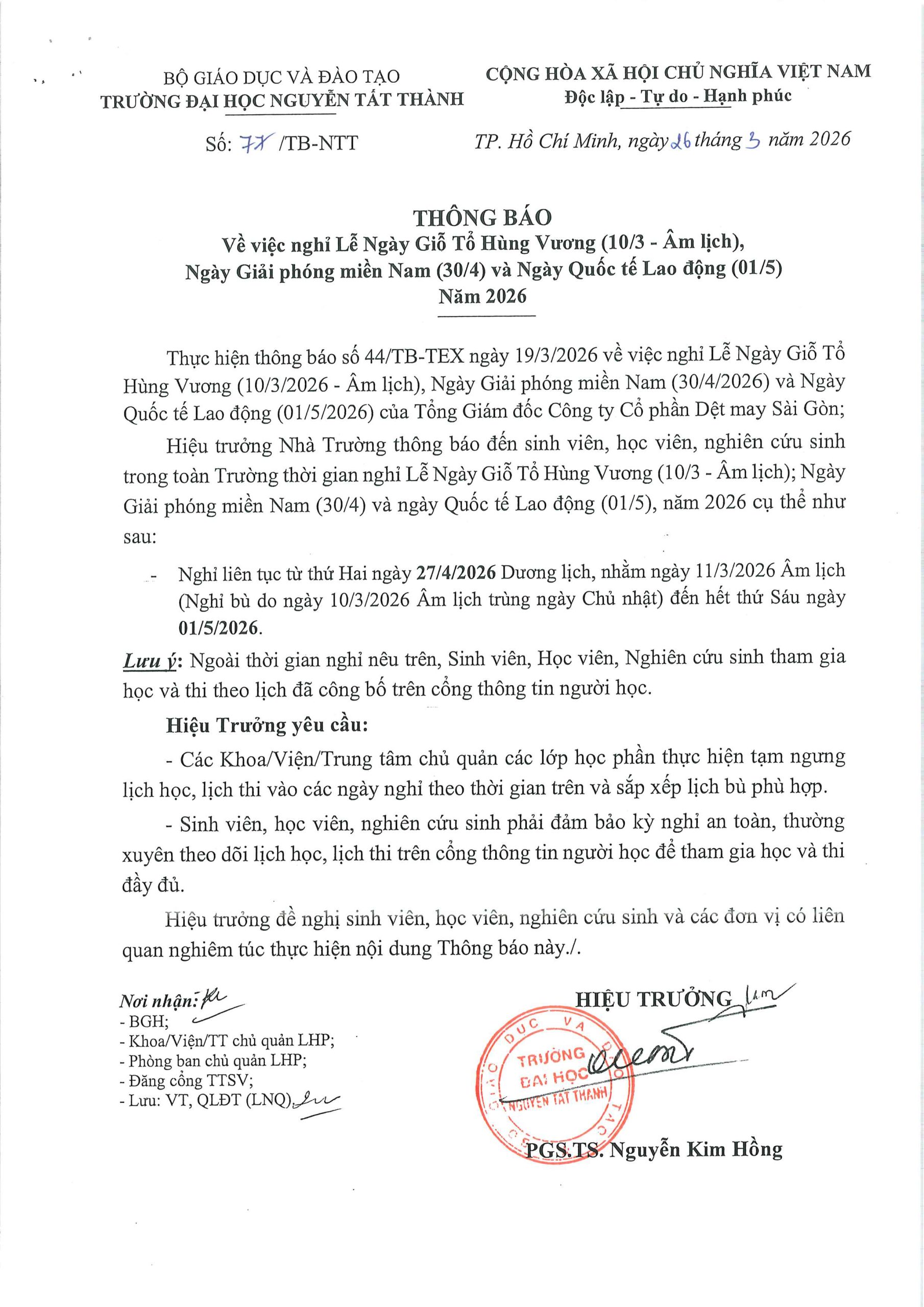 [THÔNG BÁO] Về việc nghỉ Lễ Ngày Giỗ Tổ Hùng Vương (10/3 - Âm lịch), Ngày Giải phóng miền Nam (30/4) và Ngày Quốc tế Lao động (01/5) Năm 2026