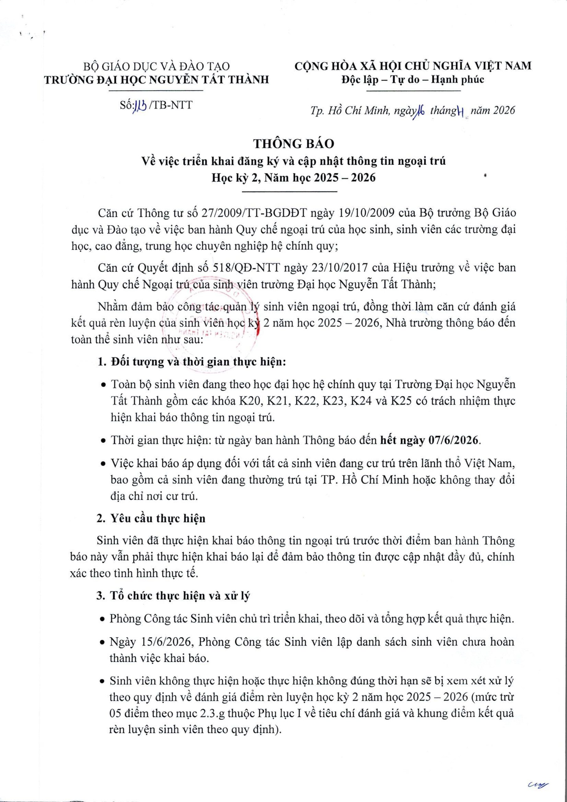 Thông báo - Về việc triển khai đăng ký và cập nhật thông tin ngoại trú Học kỳ 2, Năm học 2025 – 2026