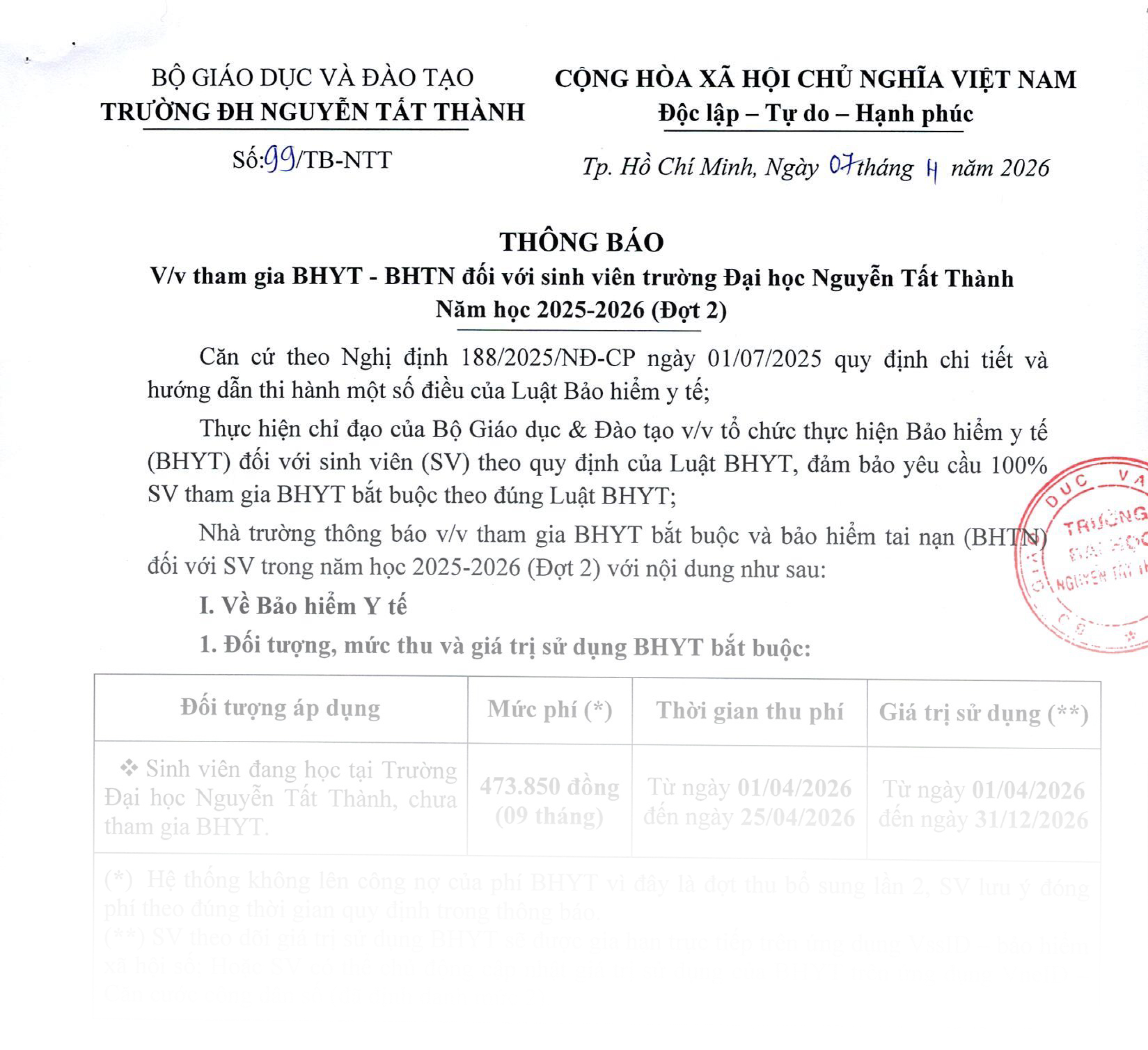 Thông báo về việc tham gia BHYT - BHTN đối với sinh viên trường Đại học Nguyễn Tất Thành Năm học 2025-2026 (Đợt 2)