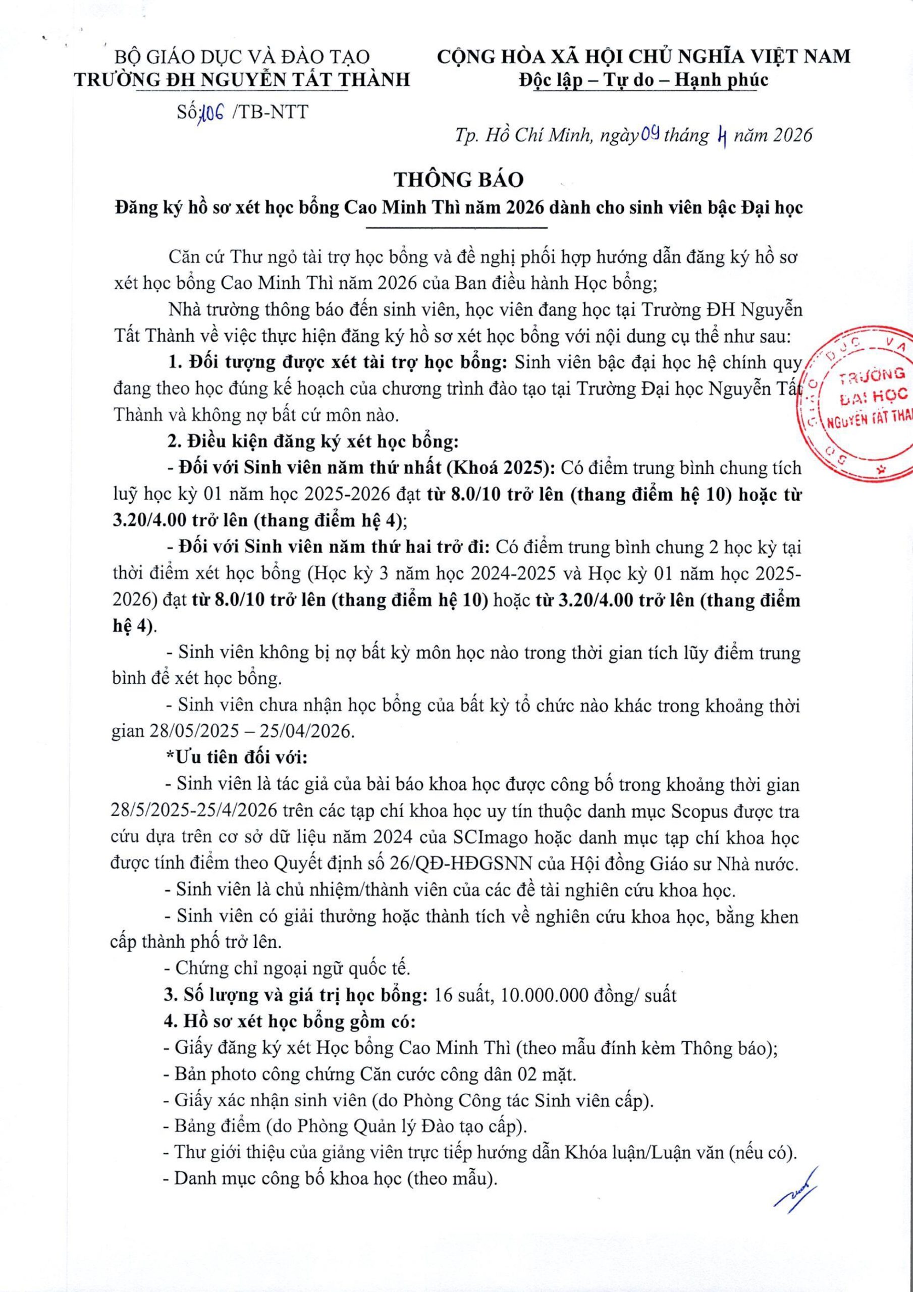Thông báo - Đăng ký hồ sơ xét học bổng Cao Minh Thì năm 2026 dành cho sinh viên bậc đại học