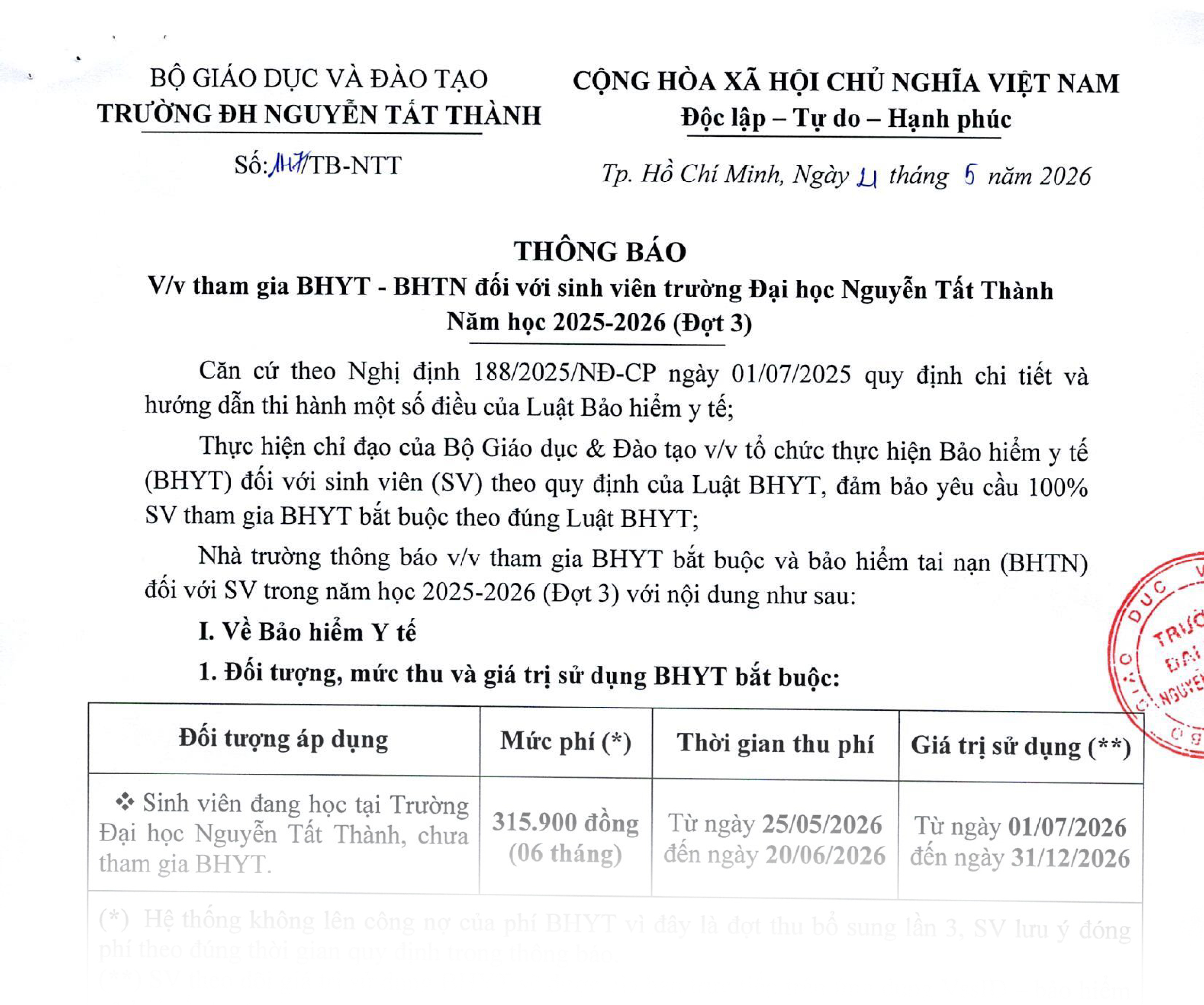 Tham gia BHYT - BHTN đối với sinh viên trường Đại học Nguyễn Tất Thành 2025-2026 (Đợt 3)