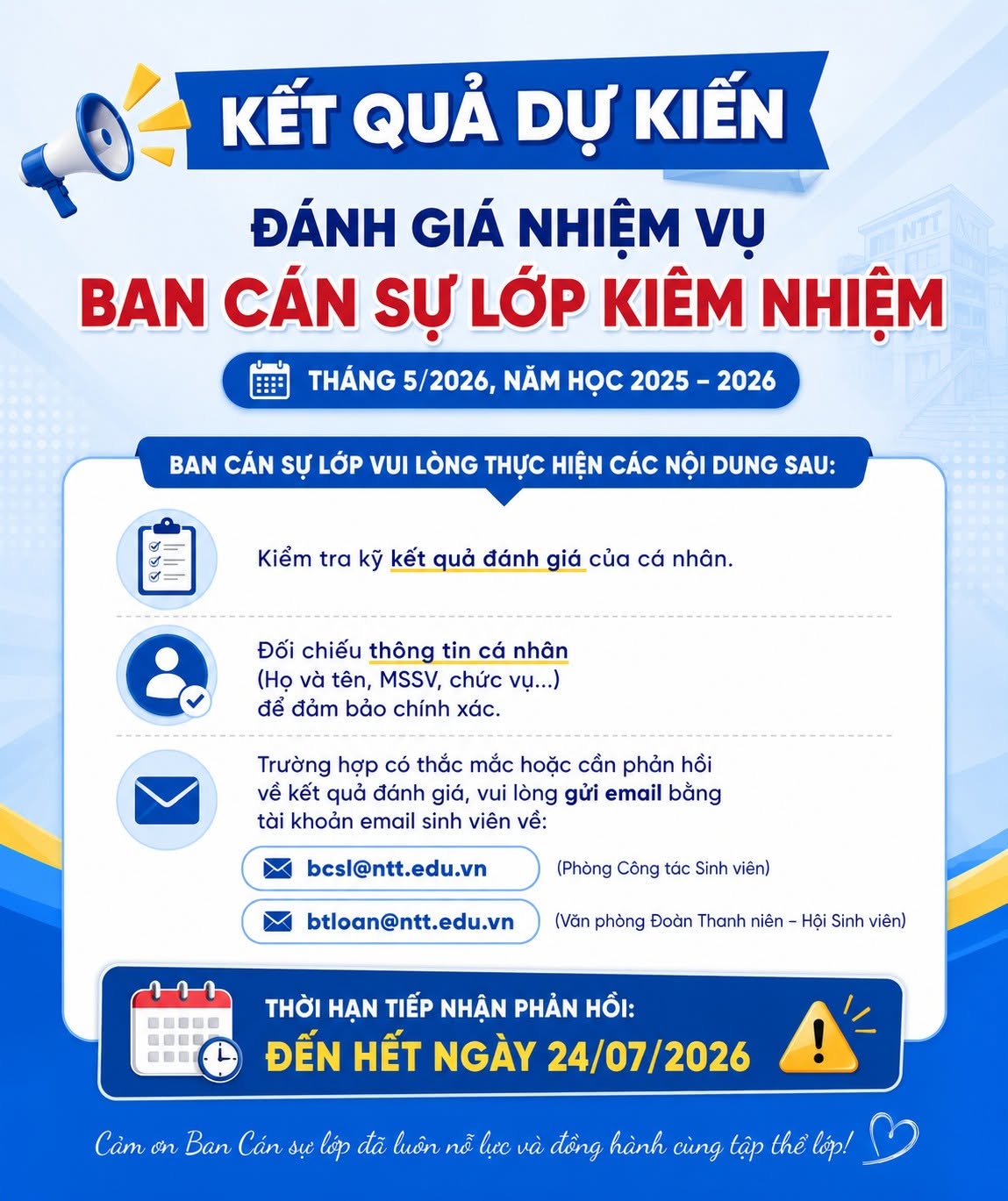 Đánh giá nhiệm vụ ban cán sự lớp kiêm nhiệm tháng 5/2026