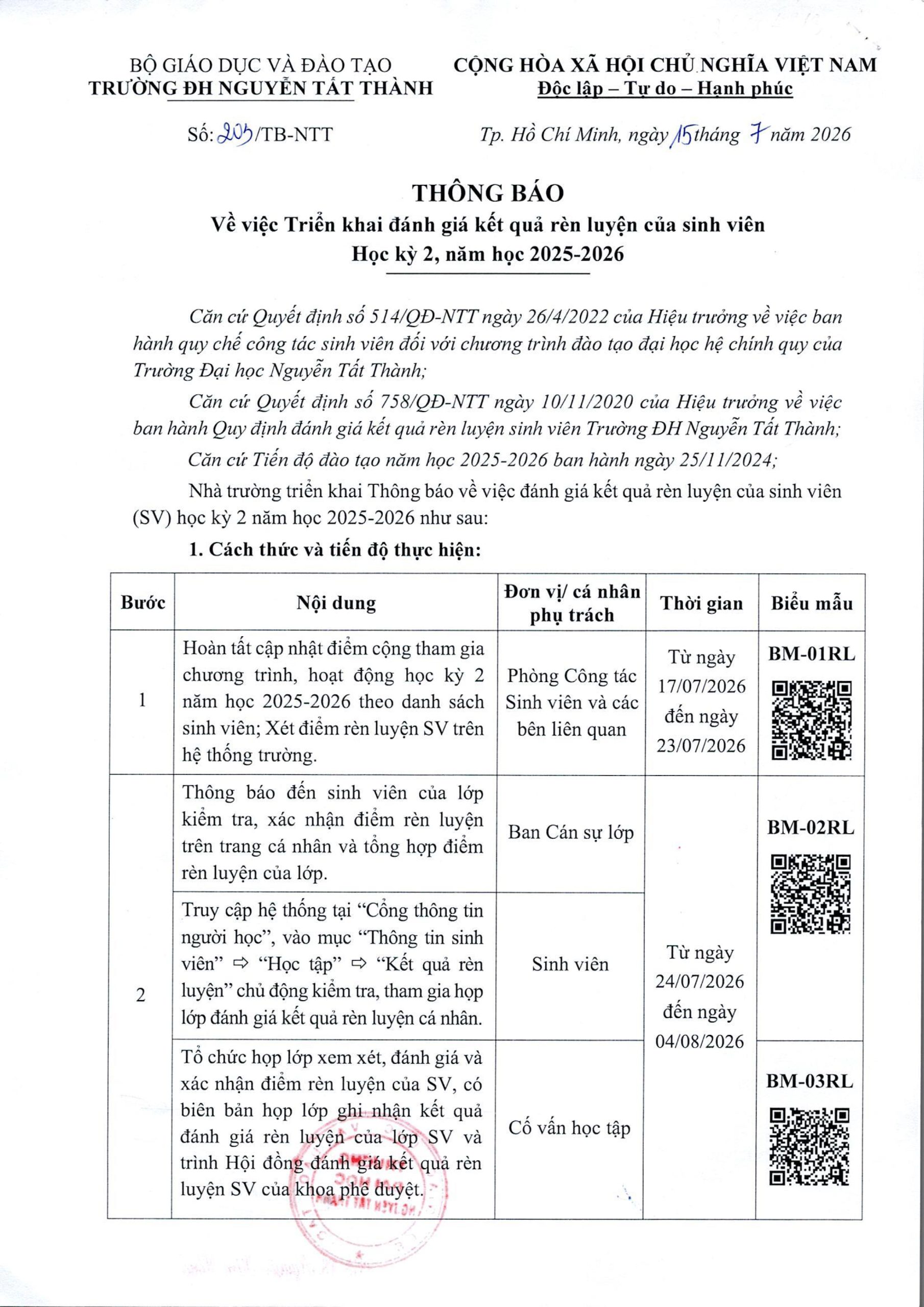 Thông báo Về việc Triển khai đánh giá kết quả rèn luyện của sinh viên Học kỳ 2, năm học 2025-2026