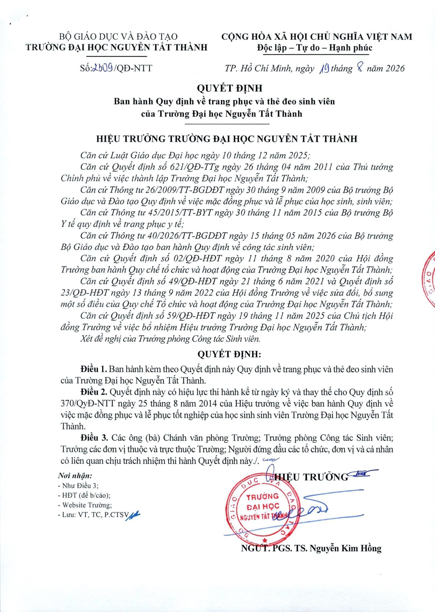 Regulations on Student Attire and Identification Badges of Nguyen Tat Thanh University