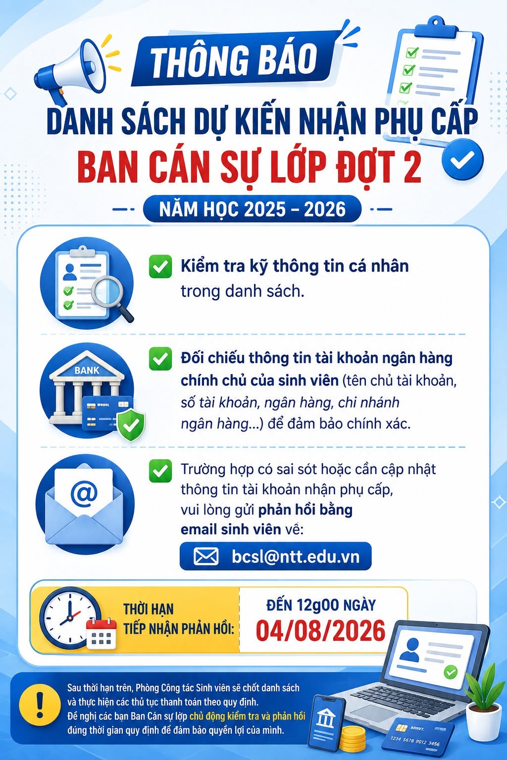 Thông báo danh sách dự kiến nhận phụ cấp BCSL đợt 2, năm học 2025–2026
