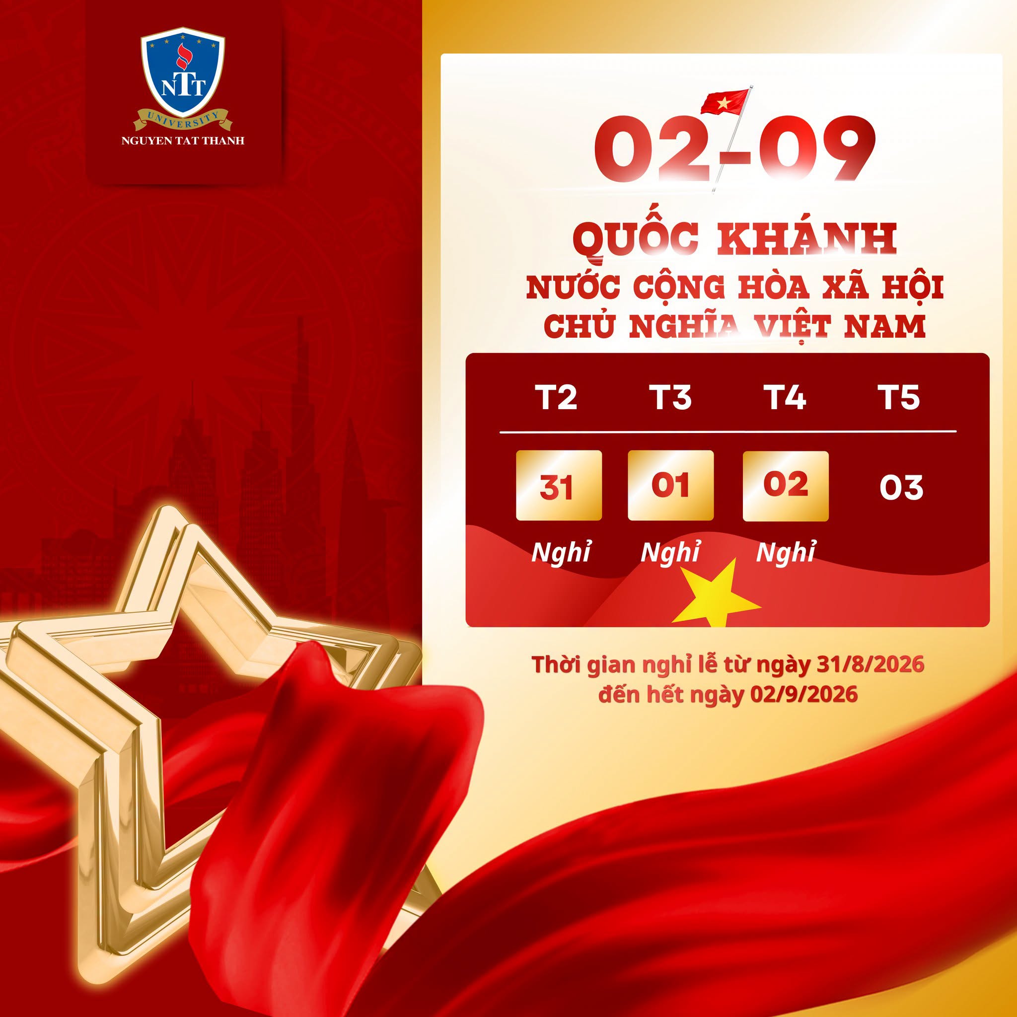 Thông báo về việc nghỉ Lễ Quốc Khánh Nước Cộng Hòa Xã Hội Chủ Nghĩa Việt Nam 02-9