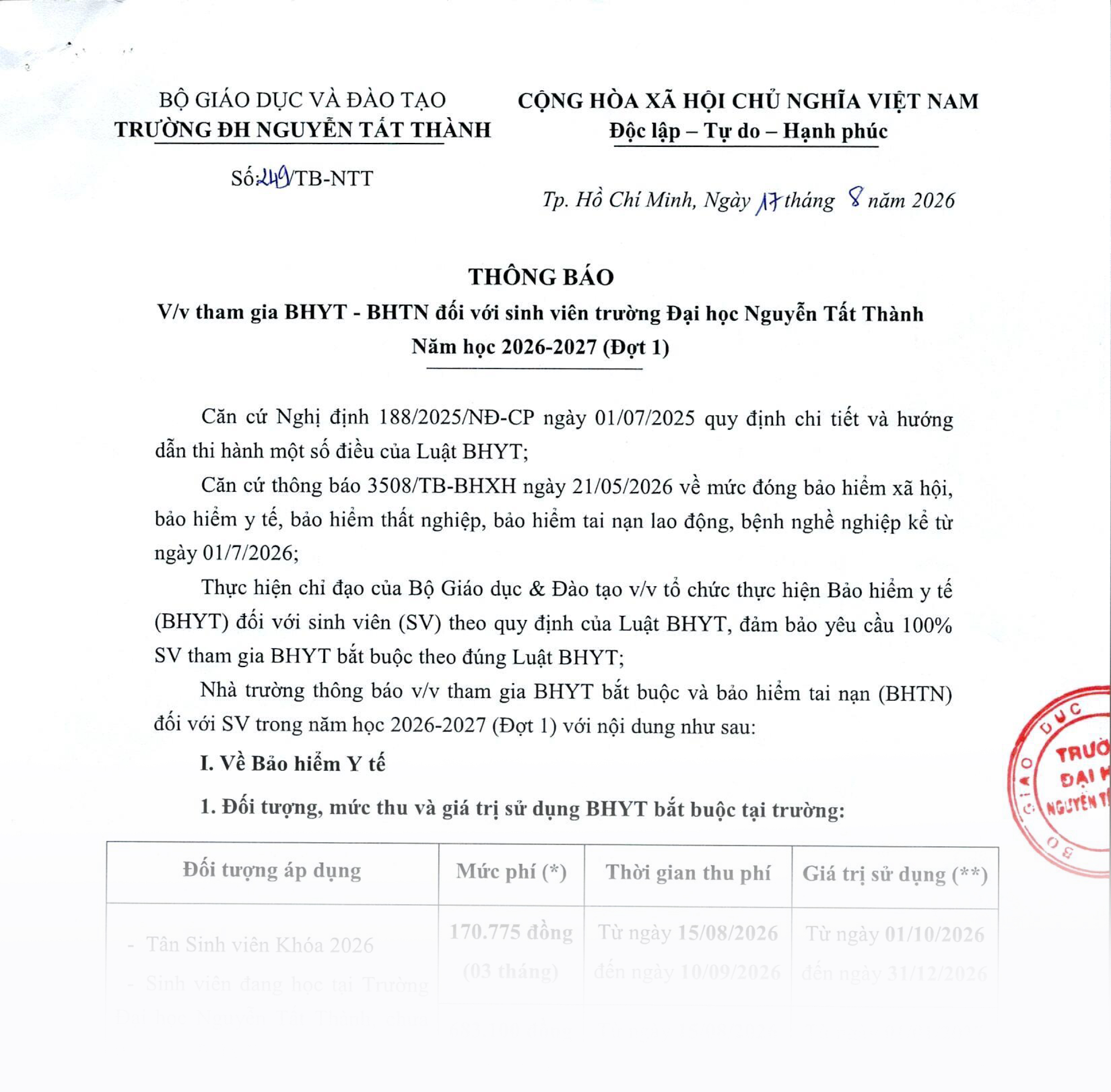 Announcement on Health Insurance and Personal Accident Insurance for Nguyen Tat Thanh University Students Academic Year 2026-2027 (Phase 1)