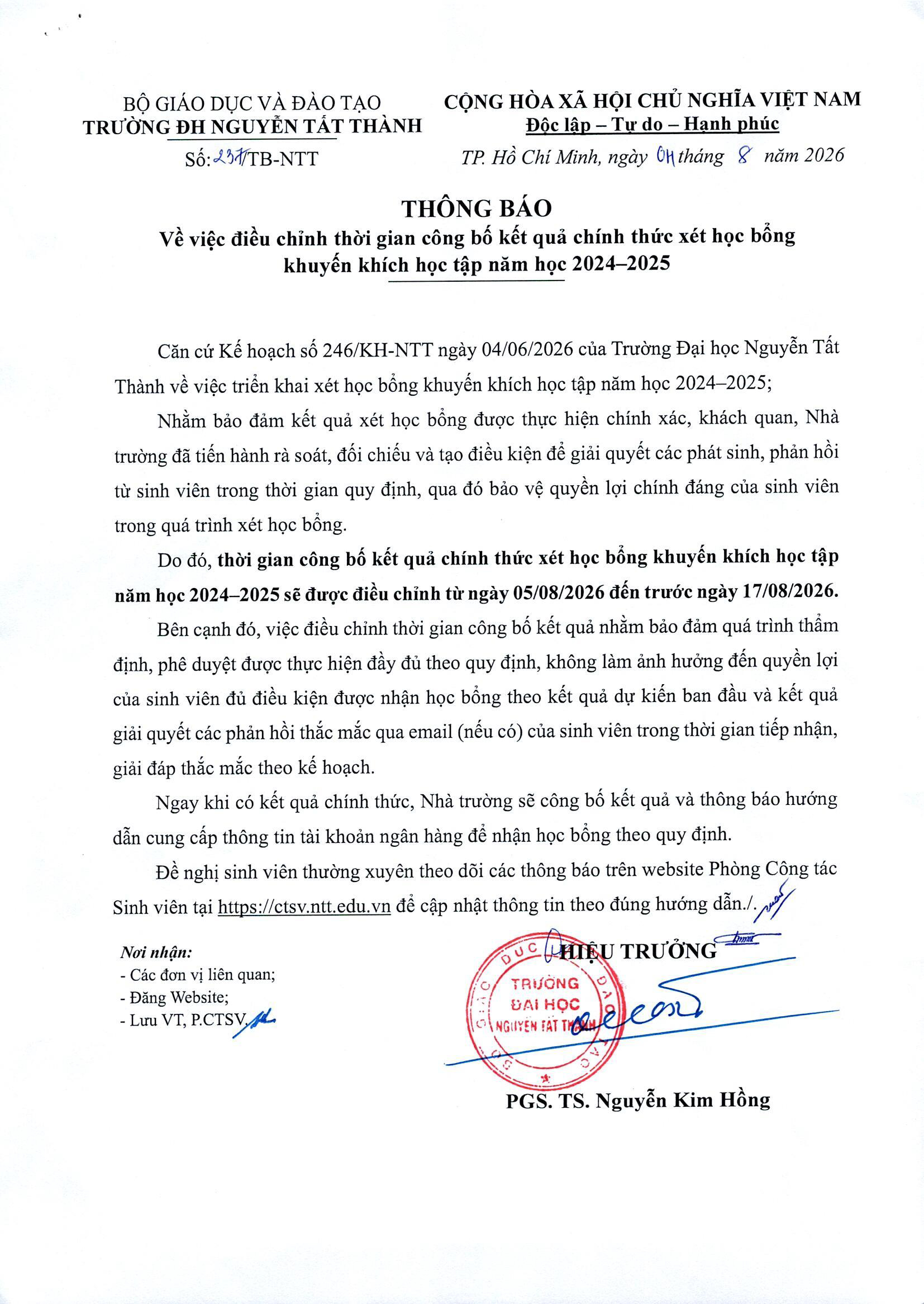 Thông báo về việc điều chỉnh thời gian công bố kết quả chính thức xét học bổng khuyến khích học tập năm học 2024–2025