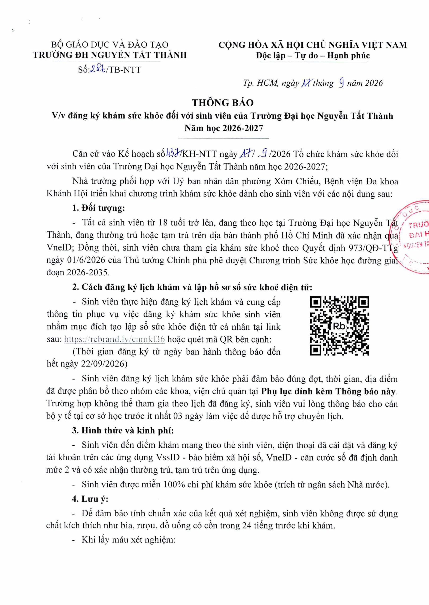 Đăng ký khám sức khỏe đối với sinh viên của Trường Đại học Nguyễn Tất Thành Năm học 2026-2027
