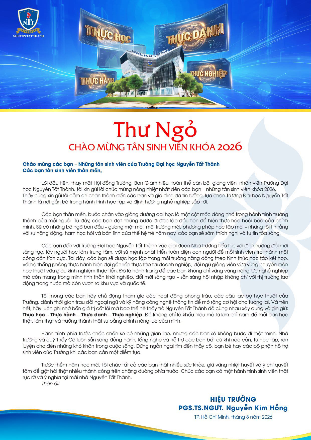 Thư ngõ chào mừng tân sinh viên khóa 2026 NTTU